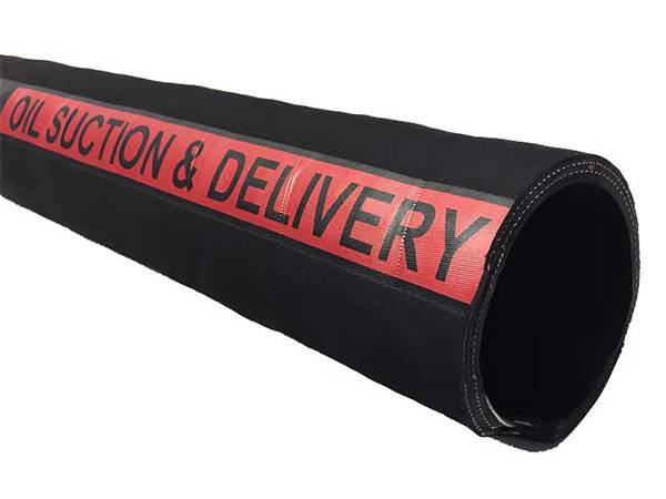A black and red fuel oil suction and discharge rubber hose is displayed.