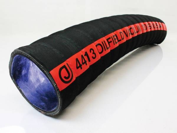 A black and red heavy duty oil suction and discharge rubber hose is displayed.