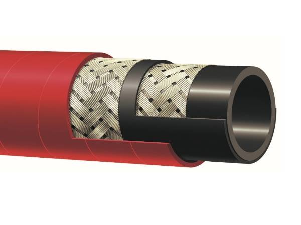 A red steel braided steam hose is displayed.